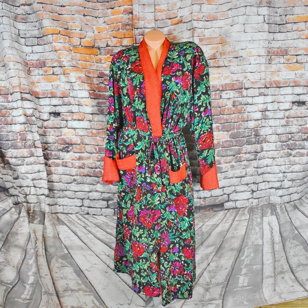 Victorias Secret Medium Gold Label Floral Satin Full Length Robe Pockets Belt
